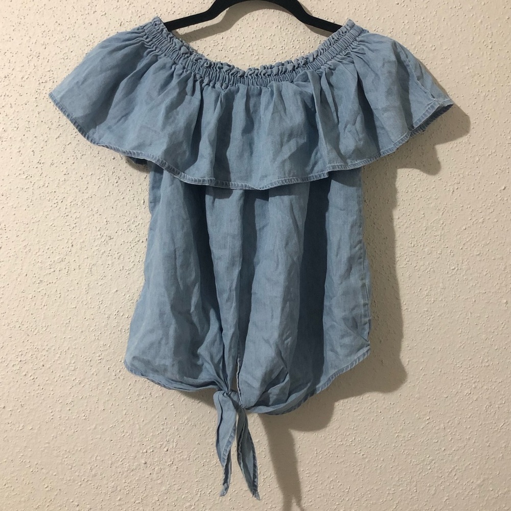Express tie front chambray ruffle off the shoulder top